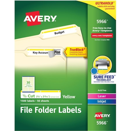 Avery File Folder Labels, TrueBlock, 1/3 Cut, 1500/BX, Yellow PK AVE5966